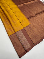 VSF1366 - golden yellow color body , chocolate brown color pallu,blouse - Pure silk saree