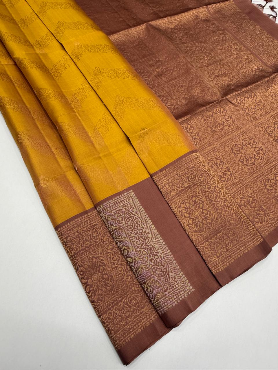 VSF1366 - golden yellow color body , chocolate brown color pallu,blouse - Pure silk saree