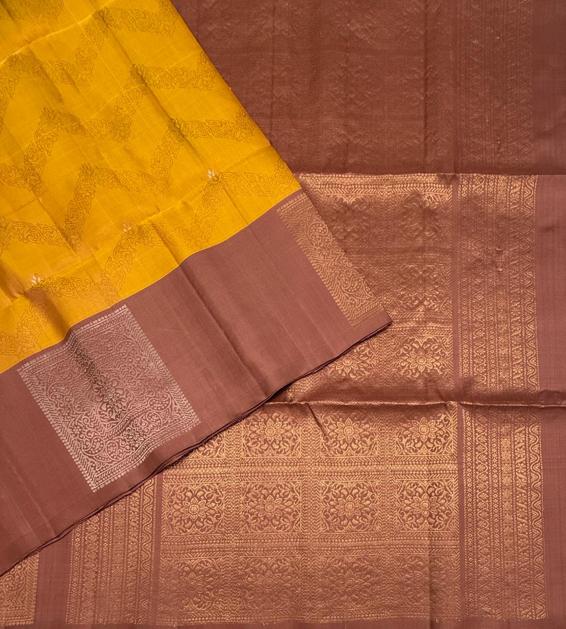 VSF1366 - golden yellow color body , chocolate brown color pallu,blouse - Pure silk saree
