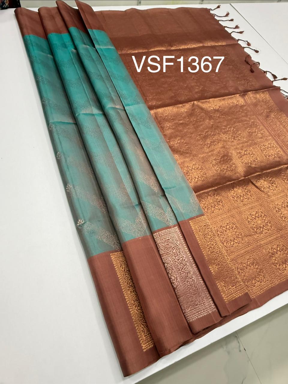 VSF1367 - pastel blue color body , chocolate brown color pallu,blouse - Pure silk saree