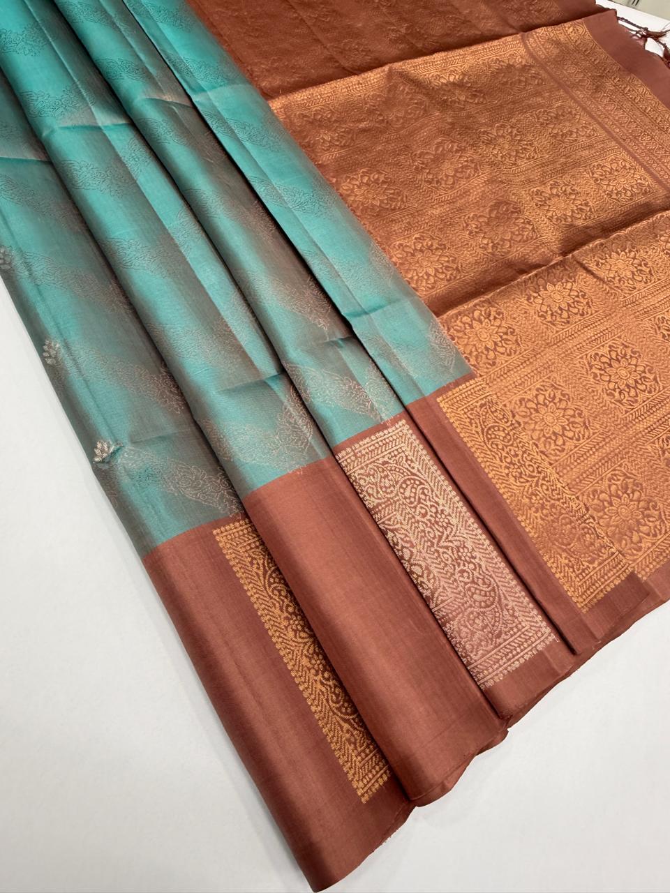 VSF1367 - pastel blue color body , chocolate brown color pallu,blouse - Pure silk saree