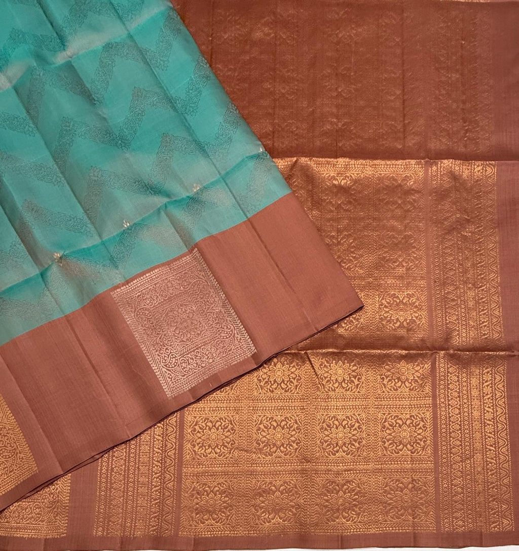 VSF1367 - pastel blue color body , chocolate brown color pallu,blouse - Pure silk saree