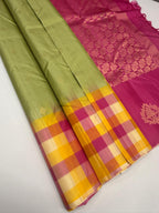 VSF1368 - olive green color body , rani pink color pallu,blouse - Pure silk saree