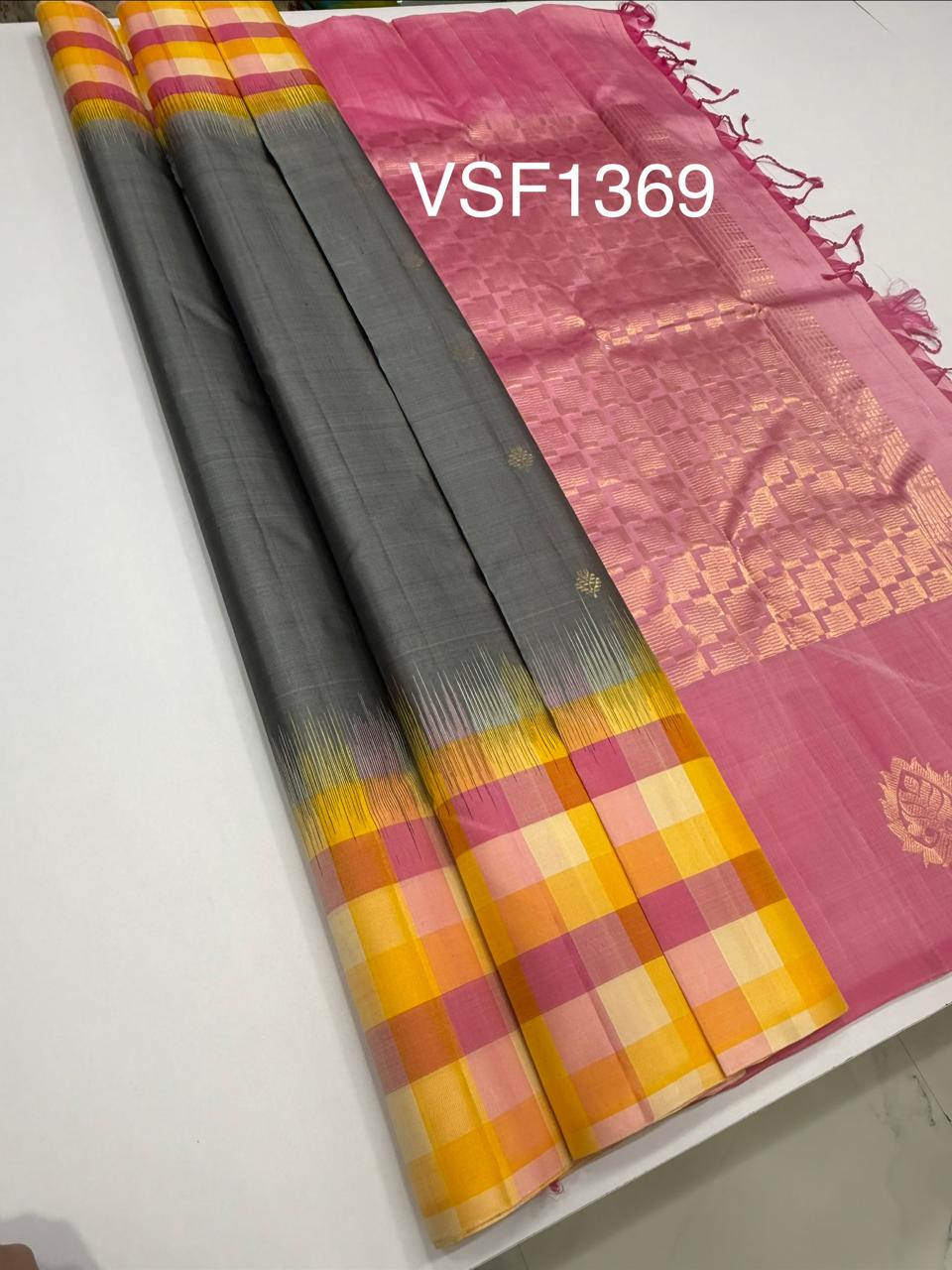 VSF1369 - grey color body , light pink color pallu,blouse - Pure silk saree