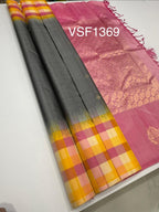 VSF1369 - grey color body , light pink color pallu,blouse - Pure silk saree