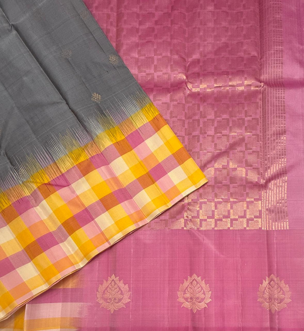 VSF1369 - grey color body , light pink color pallu,blouse - Pure silk saree