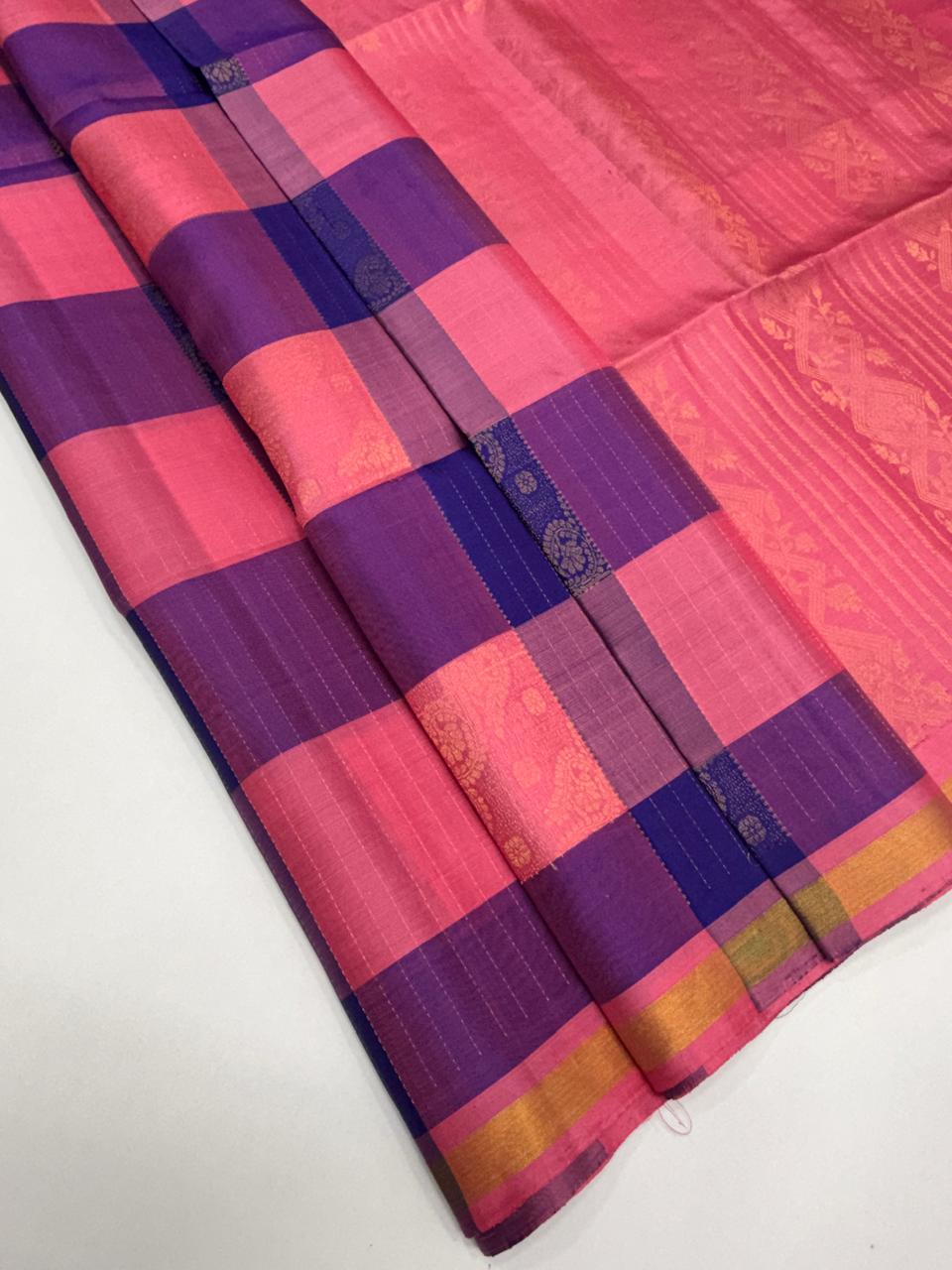 VSF1327 - blue with pink color body , pink color pallu,blouse - Pure silk saree