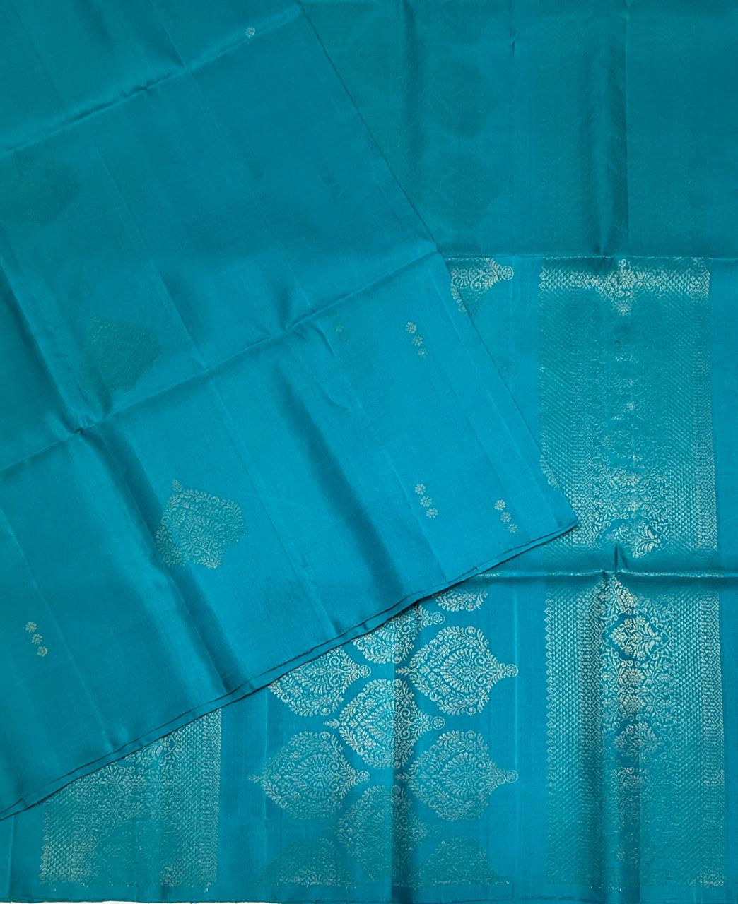VSS519 - teal blue color body, pallu , blouse pure silk saree