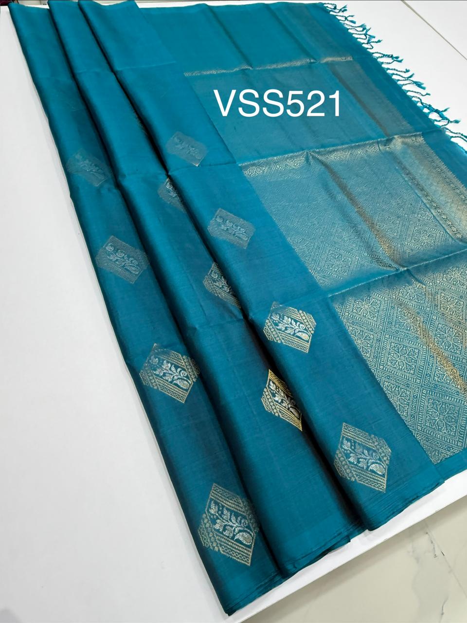 VSS521 - peacock blue color body, pallu , blouse pure silk saree