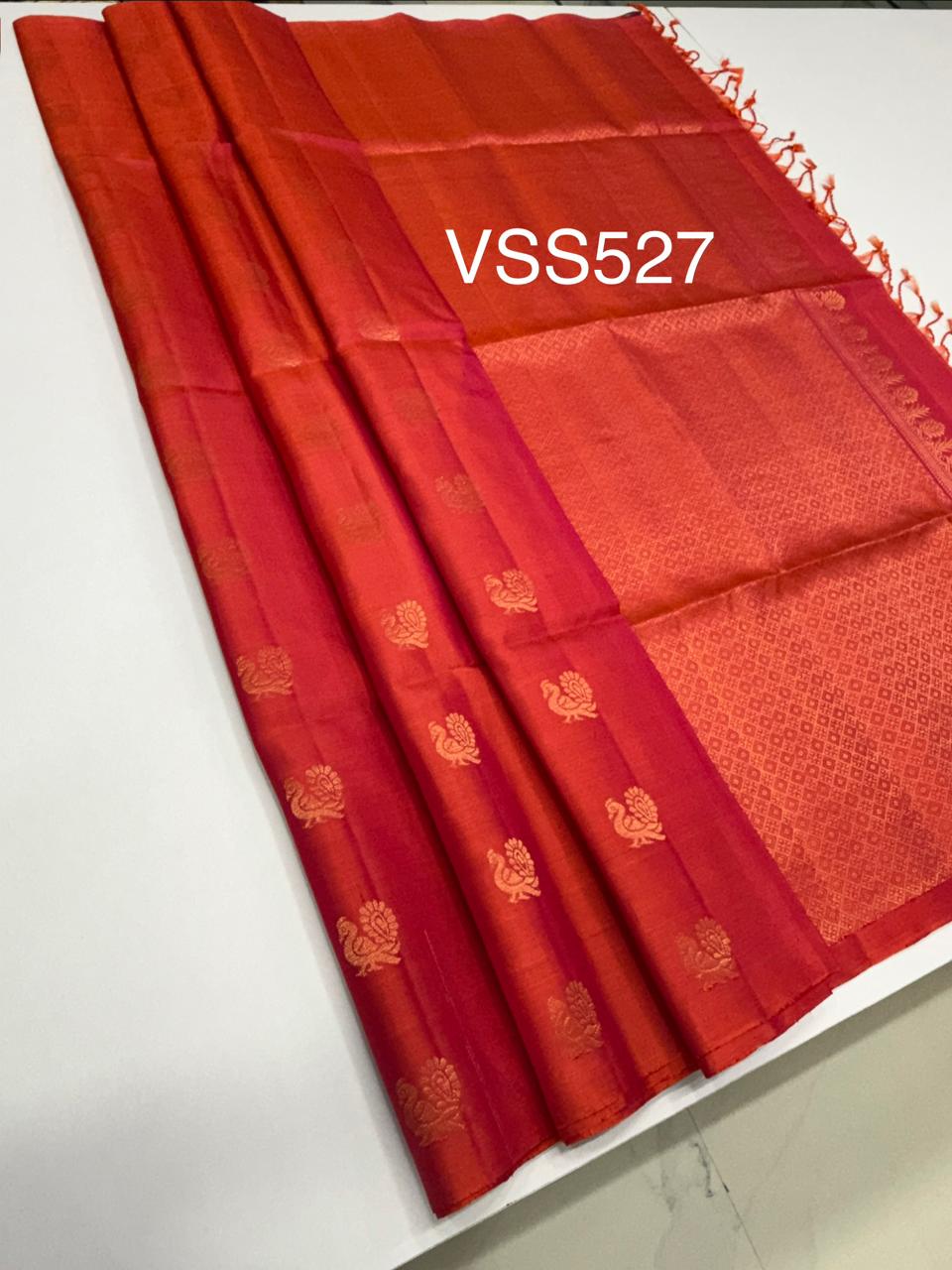 VSS527 - pinkish orange color body, pallu , blouse pure silk saree