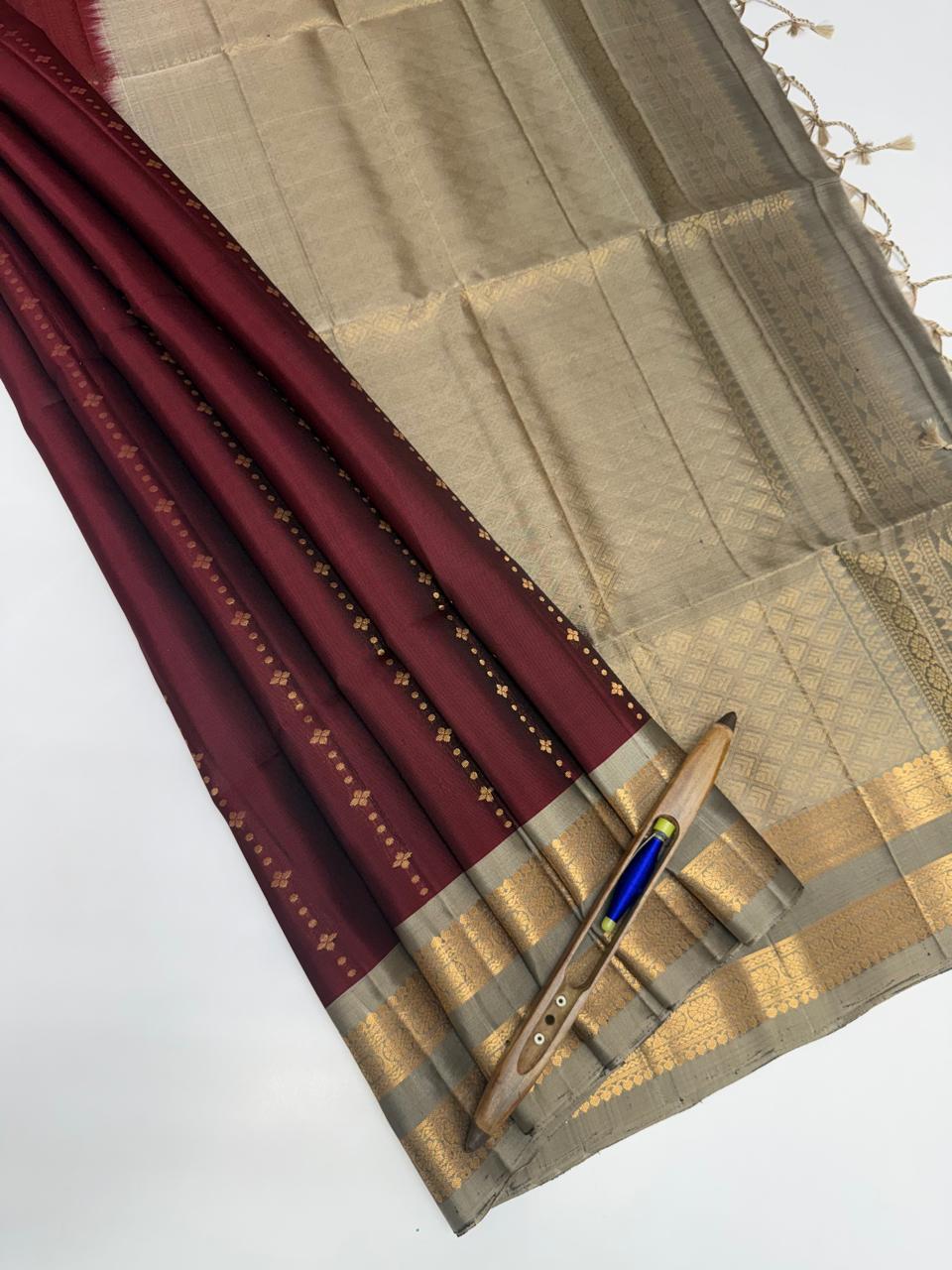 VSF938 - maroon color body , beige color pallu,blouse - Pure silk saree