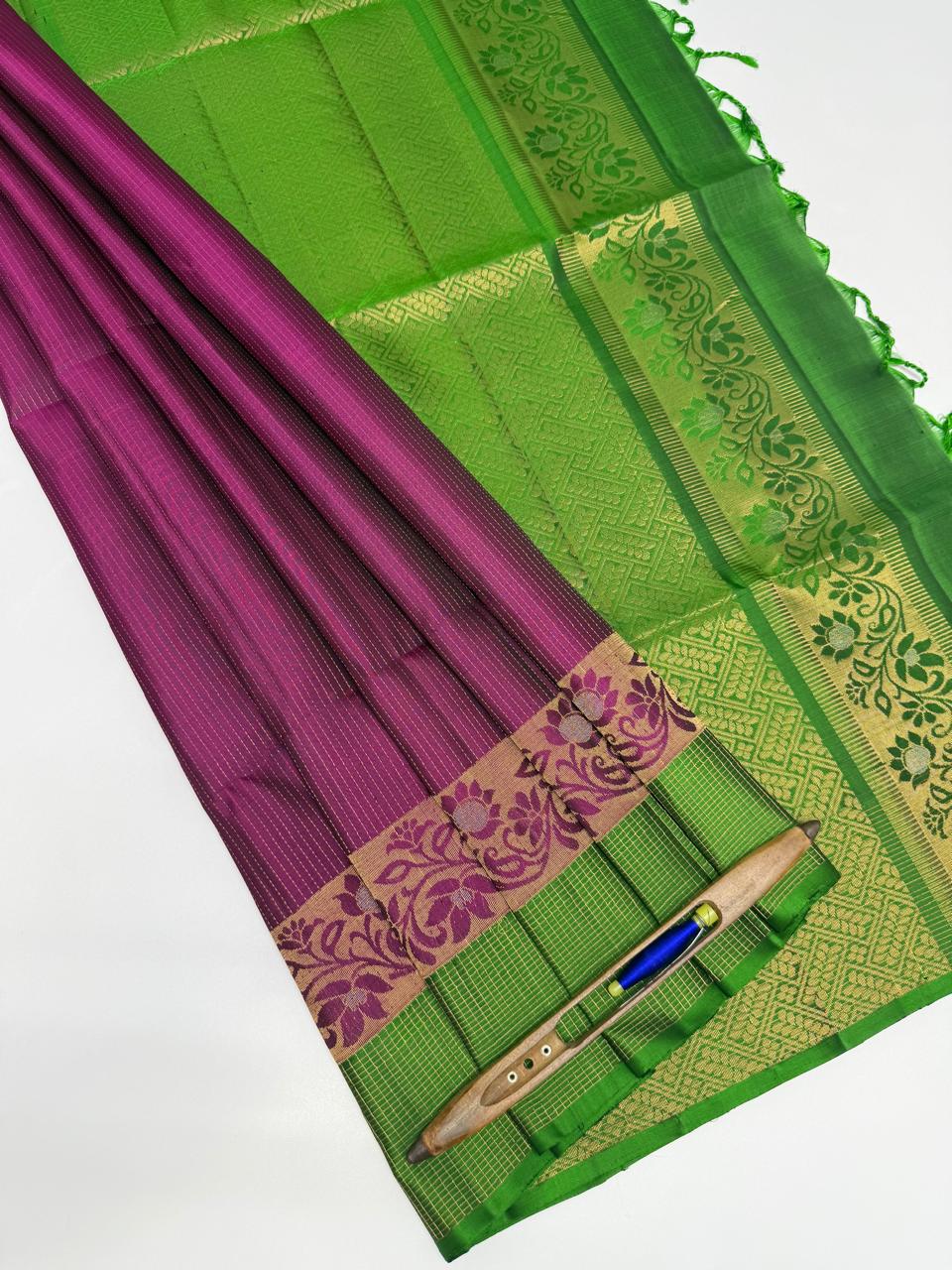 VST249 - purple color body , green color pallu , blouse - Pure silk saree