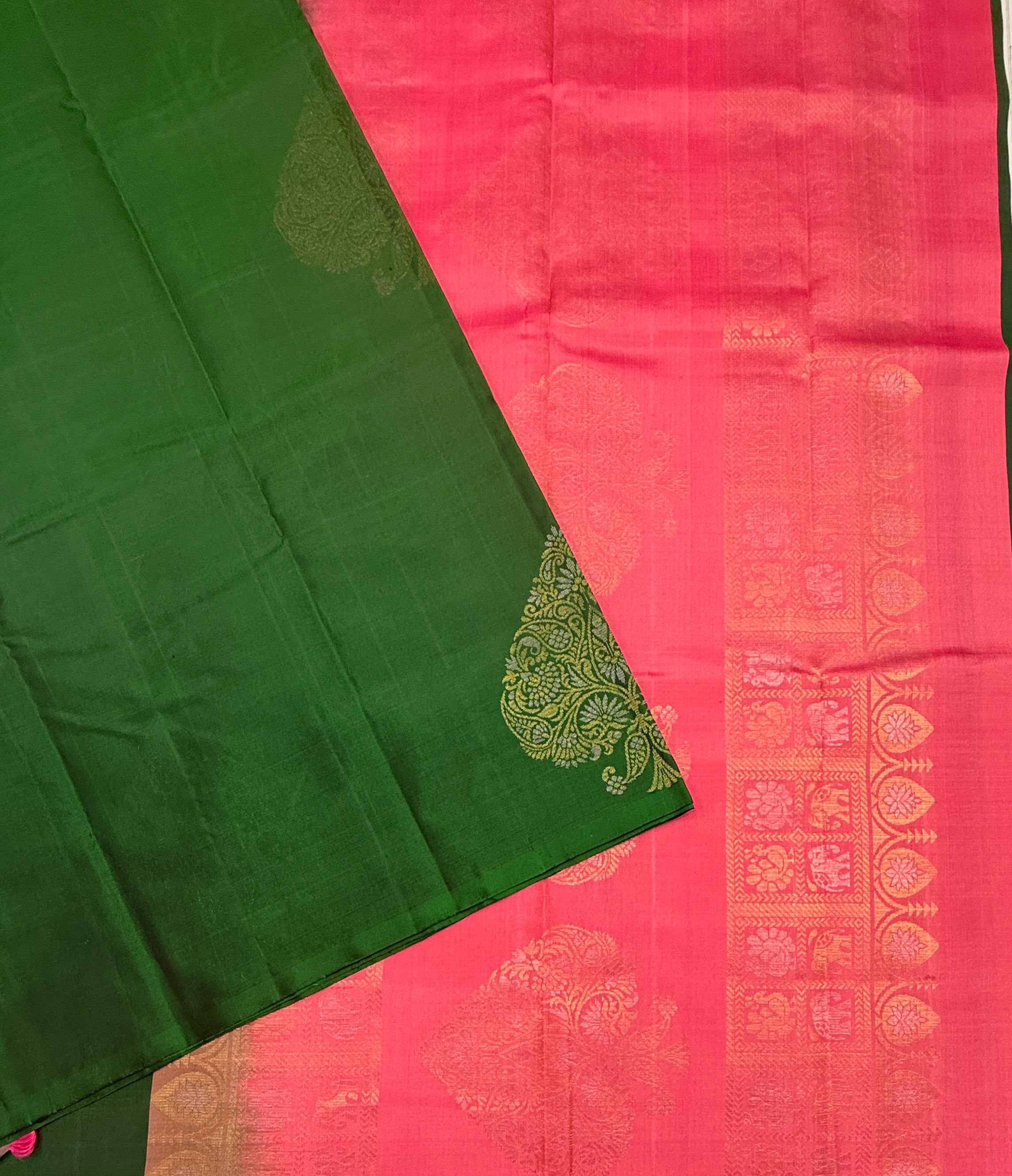 VSBP102 - dark green color body , pink color pallu,blouse - Pure silk saree