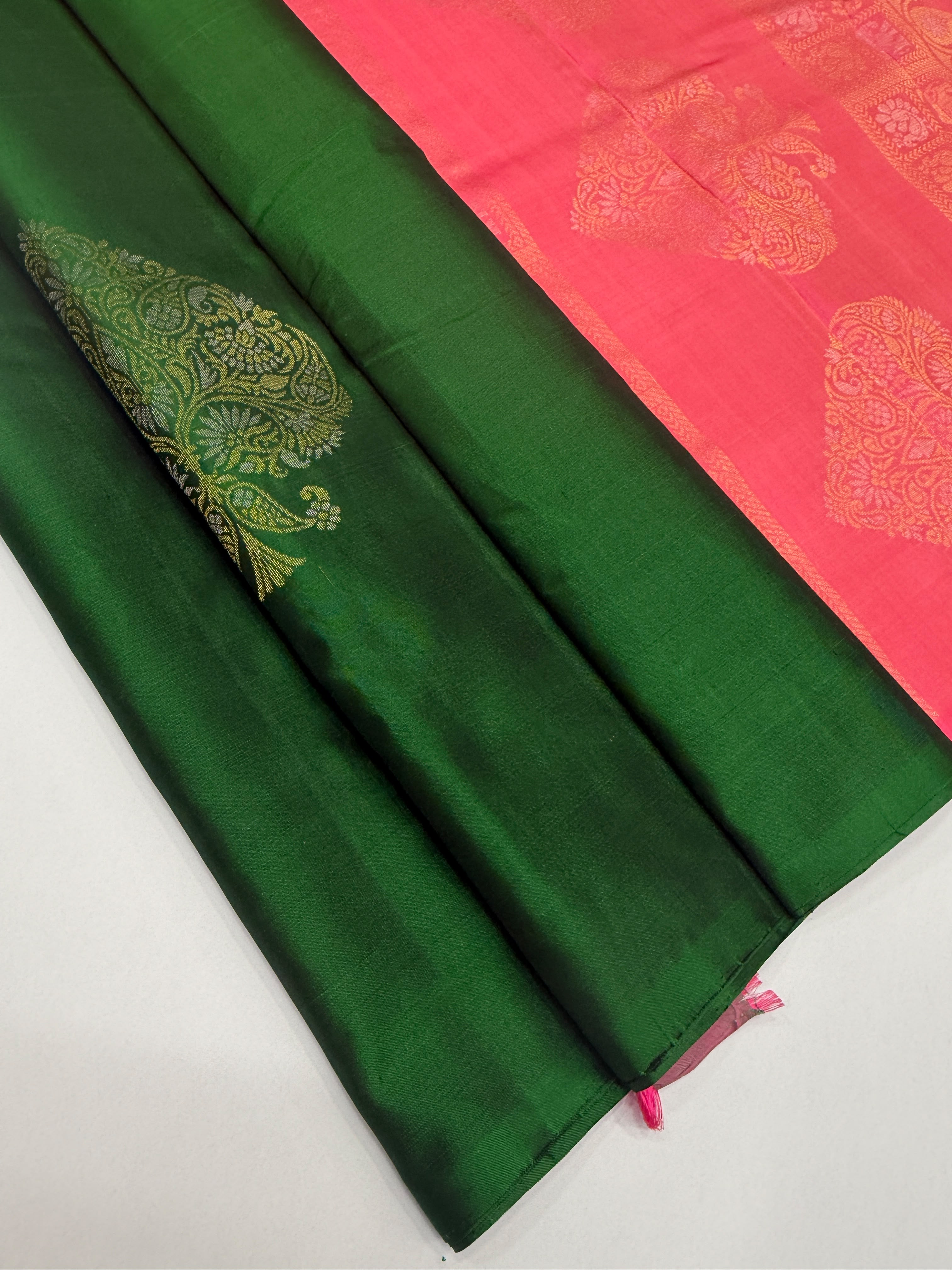 VSBP102 - dark green color body , pink color pallu,blouse - Pure silk saree