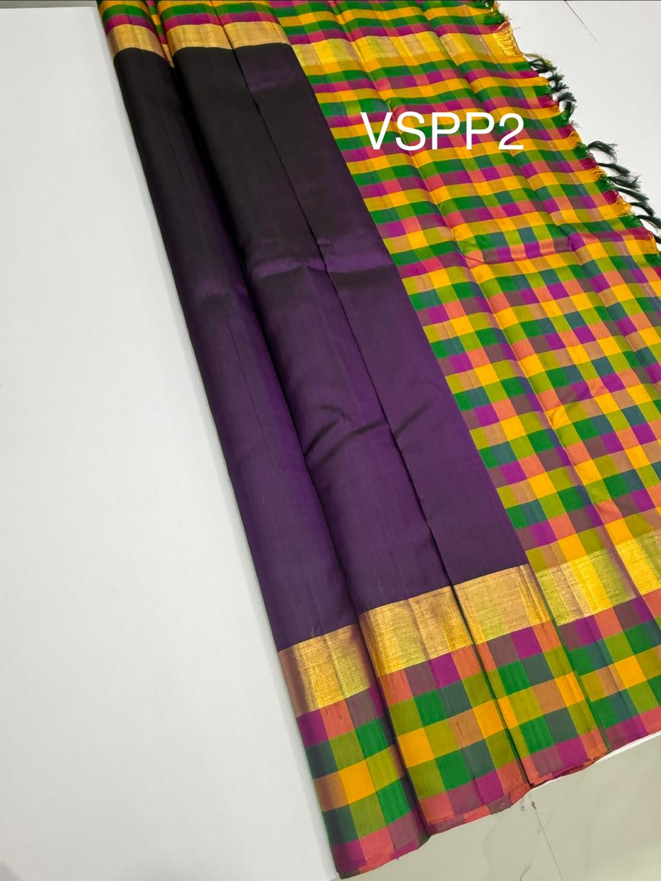 VSPP2 - dark purple color body , multicolor pallu,blouse - Pure silk saree