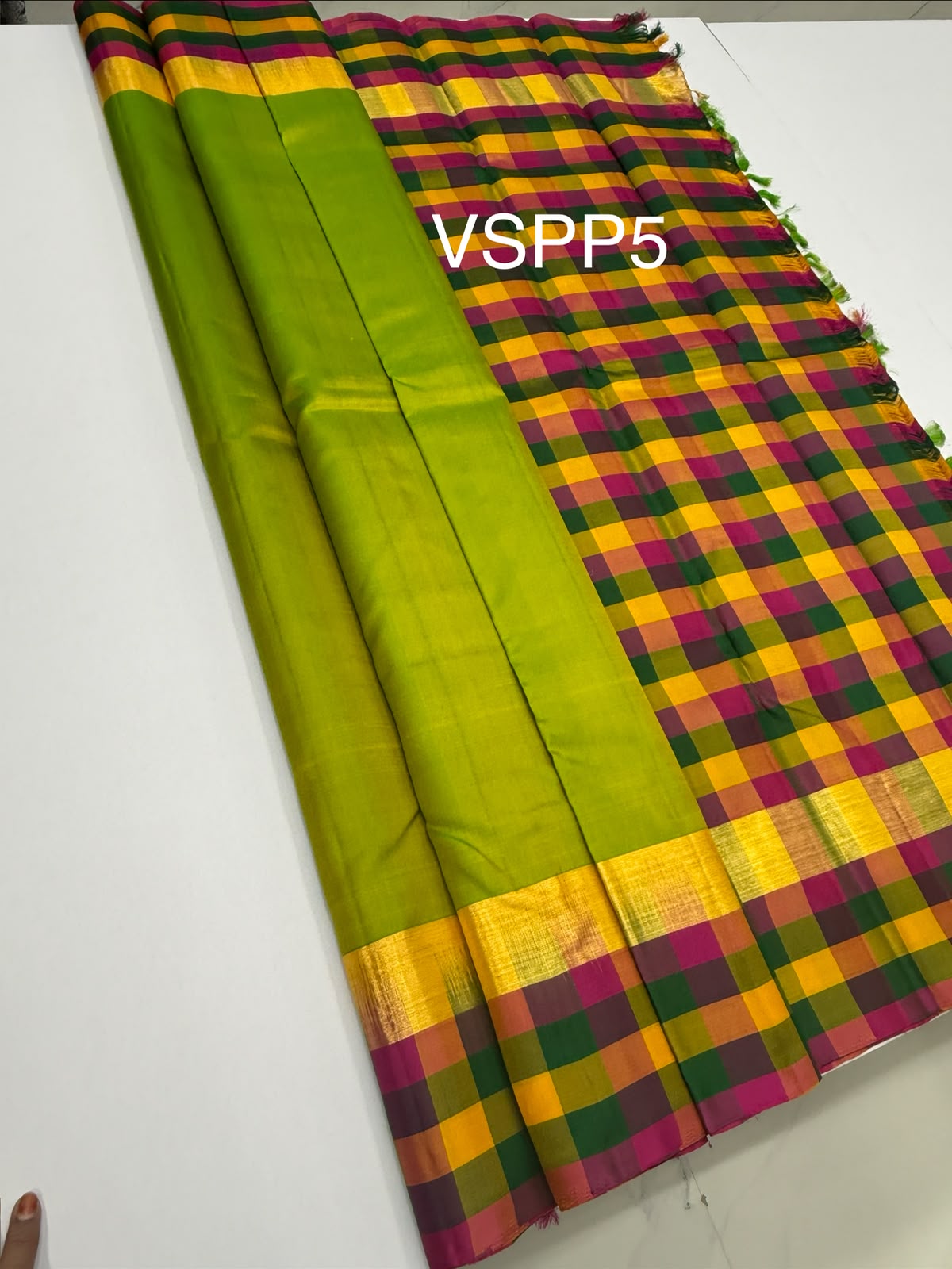 VSPP5 - dual green color body , multicolor pallu,blouse - Pure silk saree