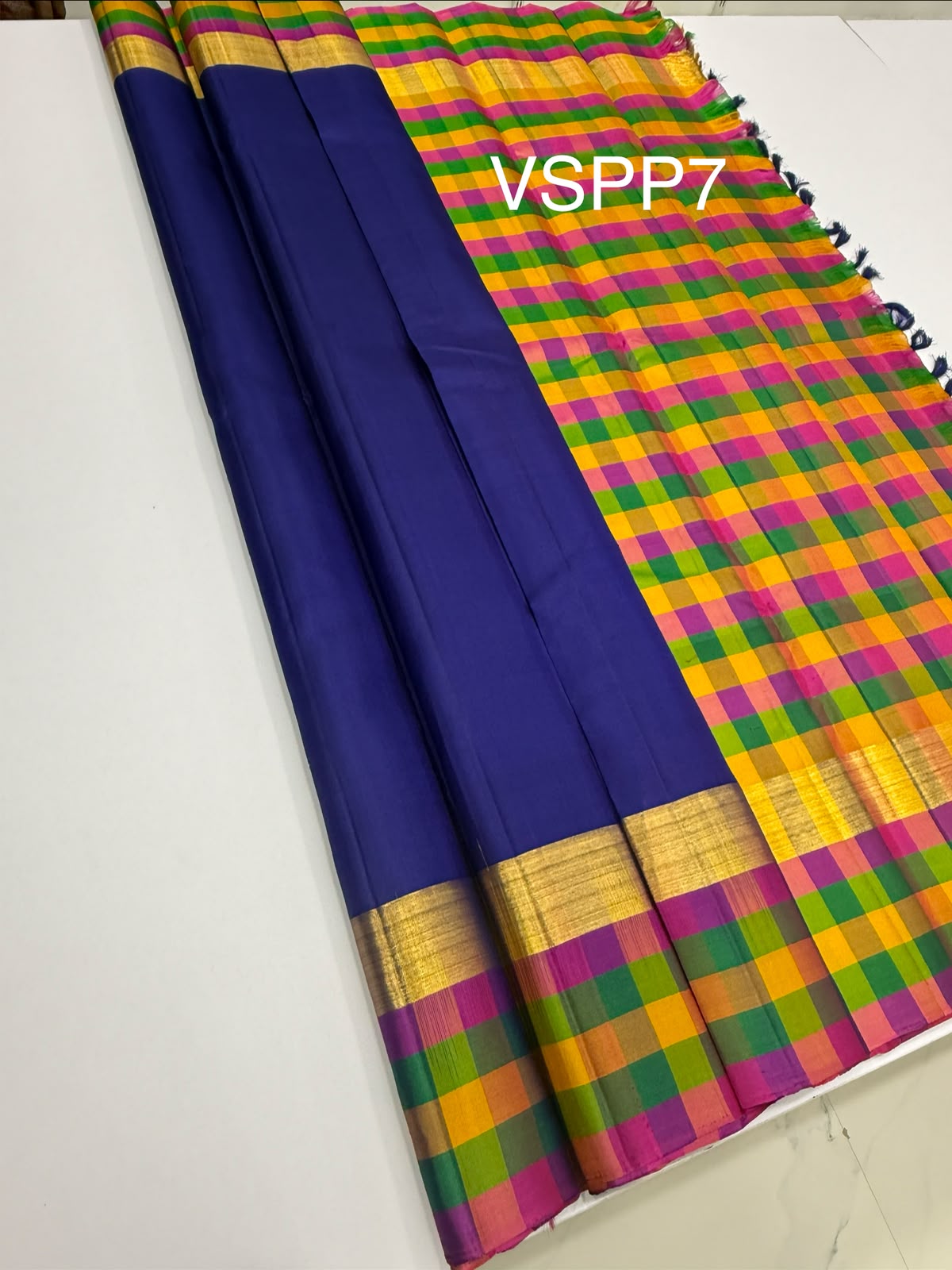 VSPP7 - navy blue color body , multicolor pallu,blouse - Pure silk saree