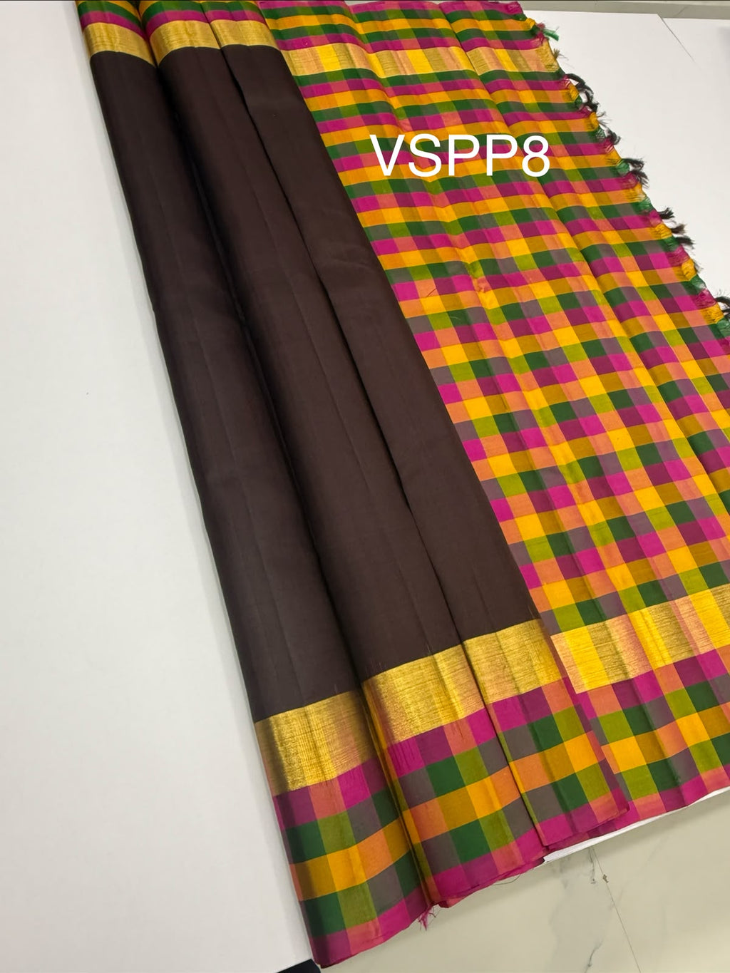 VSPP8 - coffee brown color body , multicolor pallu,blouse - Pure silk saree
