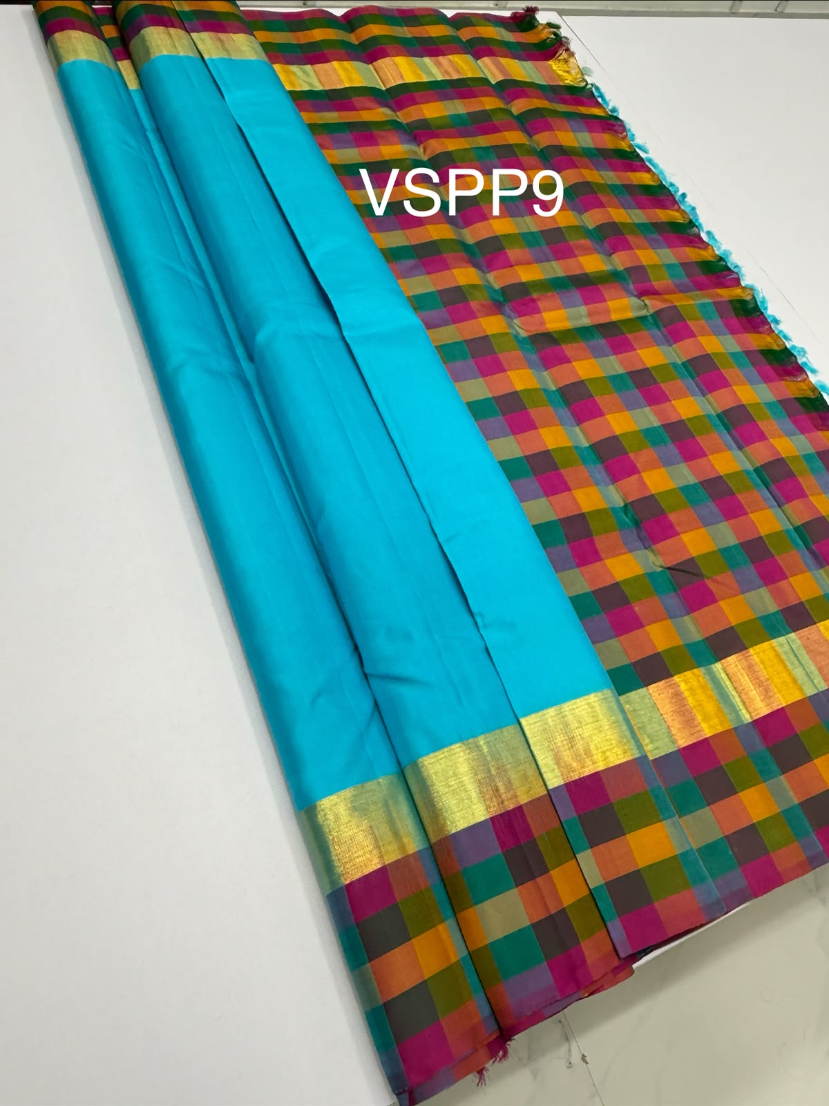 VSPP9 - sky blue color body , multicolor pallu,blouse - Pure silk saree