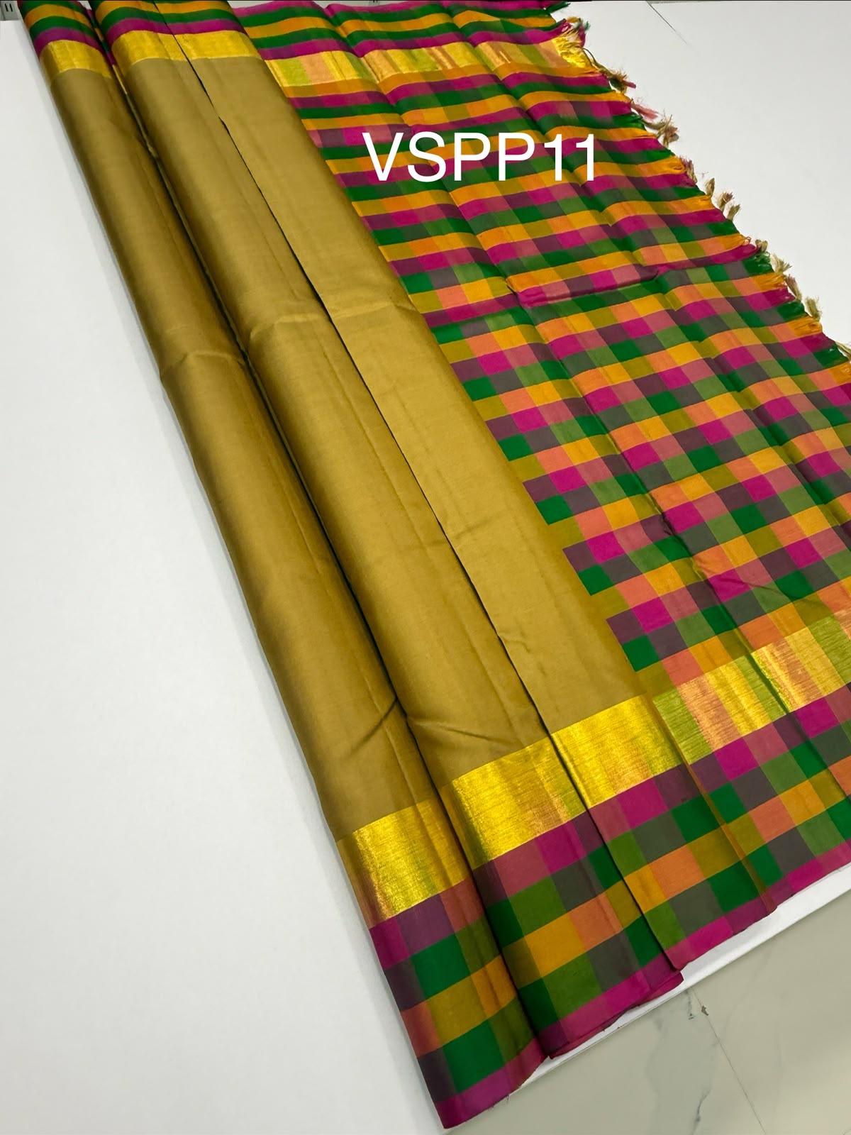 VSPP11 - beige color body , multicolor pallu,blouse - Pure silk saree