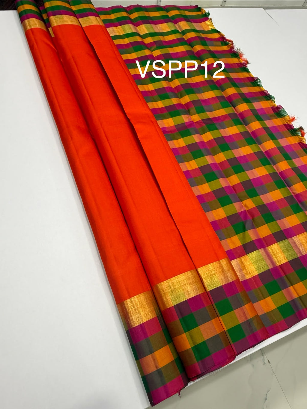 VSPP12 - orange color body , multicolor pallu,blouse - Pure silk saree