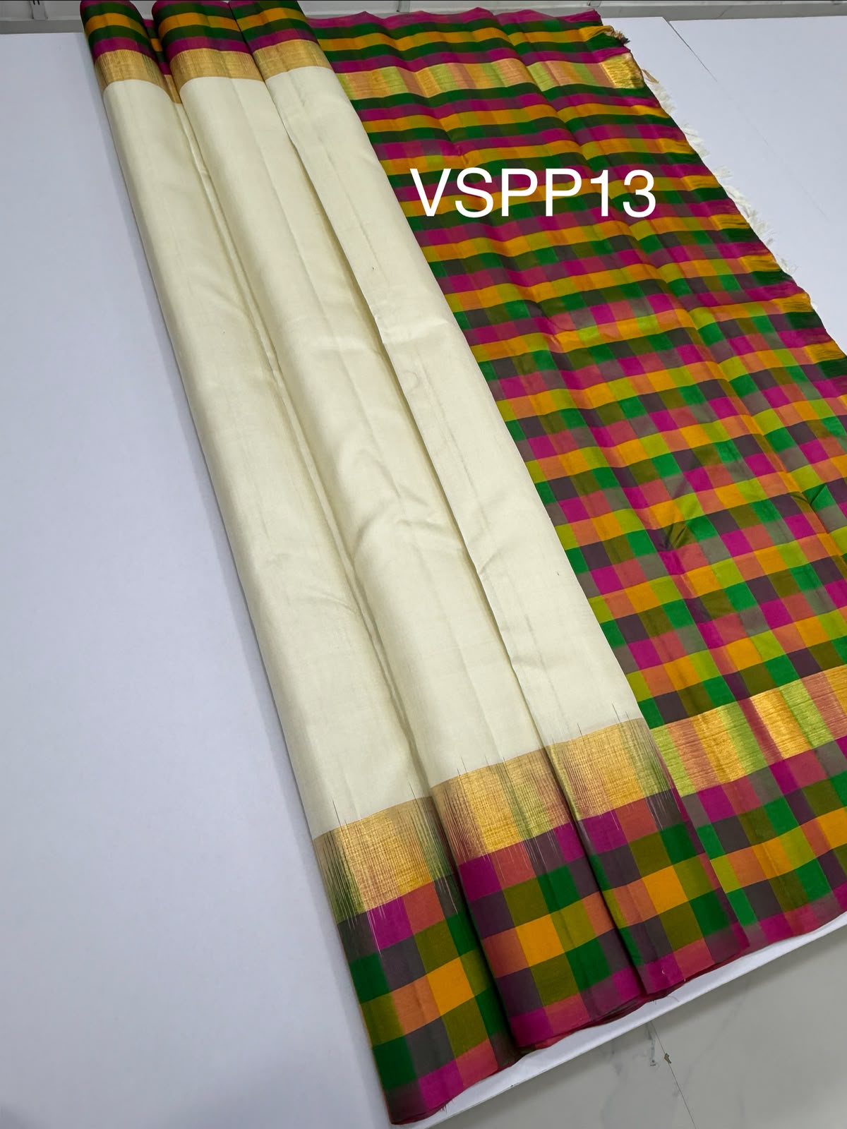 VSPP13 - half white color body , multicolor pallu,blouse - Pure silk saree