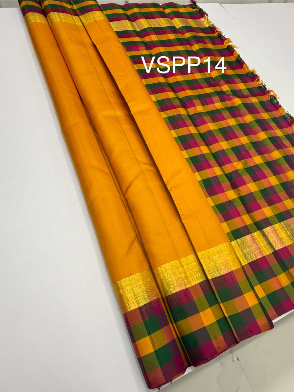 VSPP14 - mango yellow color body , multicolor pallu,blouse - Pure silk saree