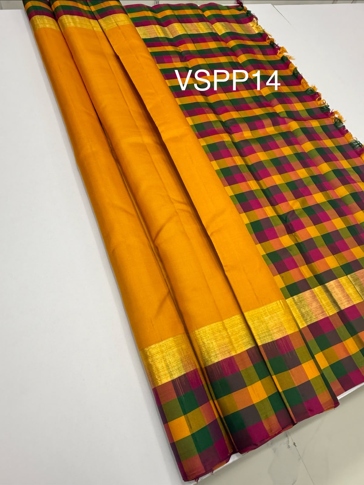 VSPP14 - mango yellow color body , multicolor pallu,blouse - Pure silk saree