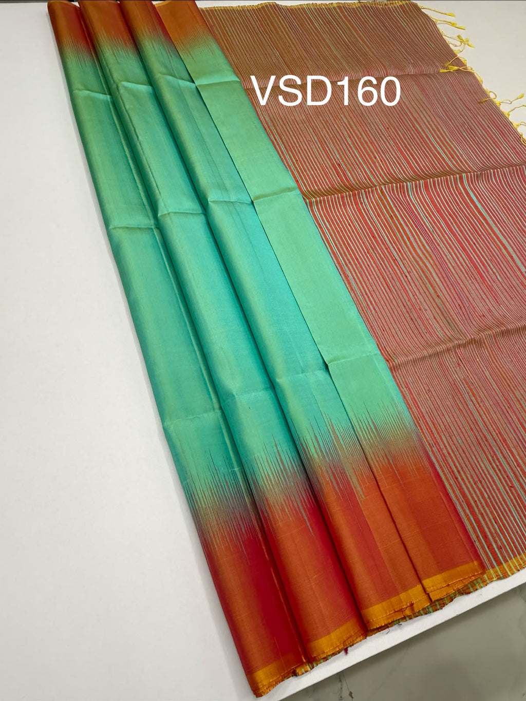 VSD160 -dual green color body , orange color pallu,blouse - Pure silk saree