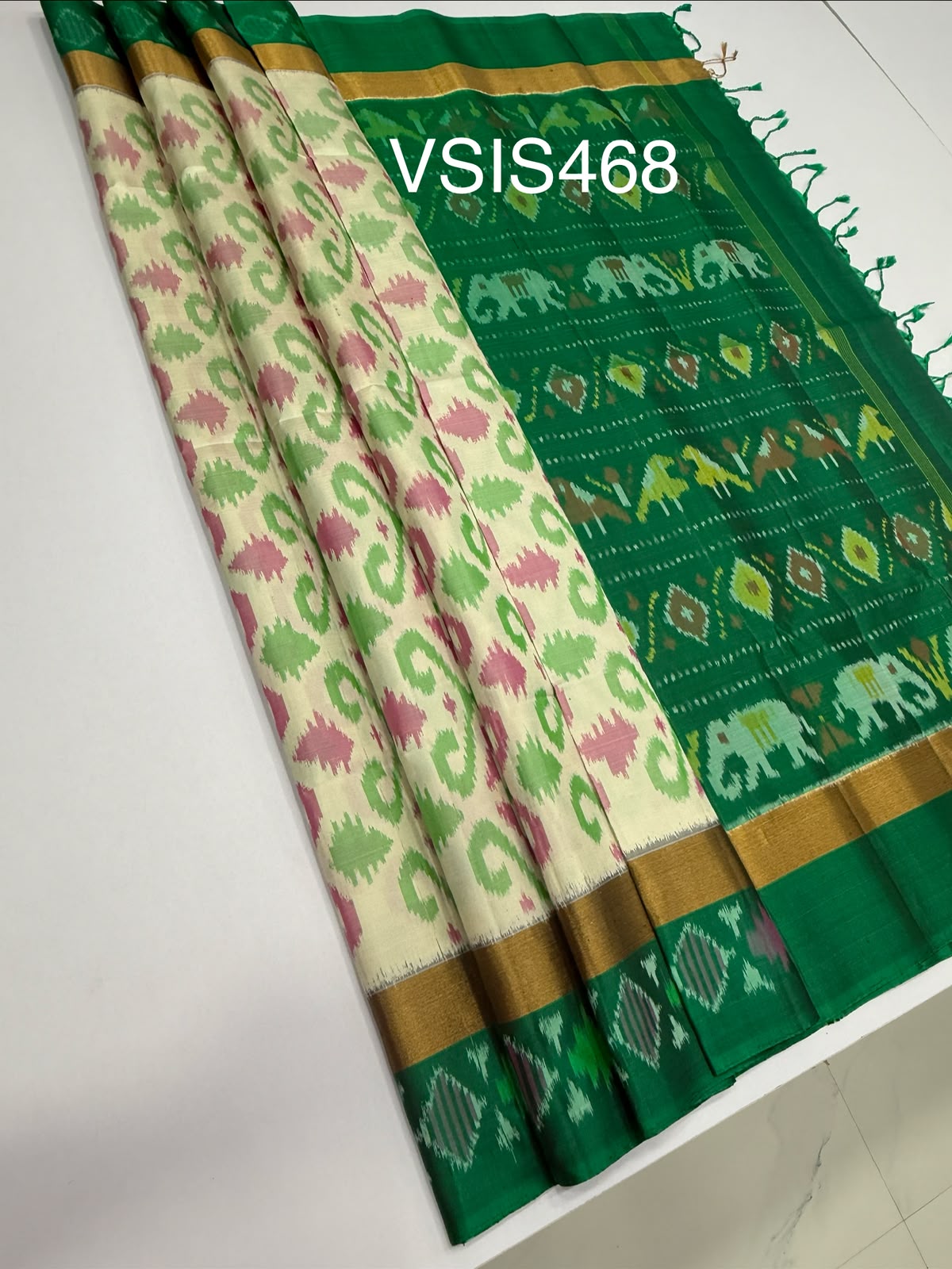 VSIS468 - half white color body , green color pallu , blouse - Pure silk saree