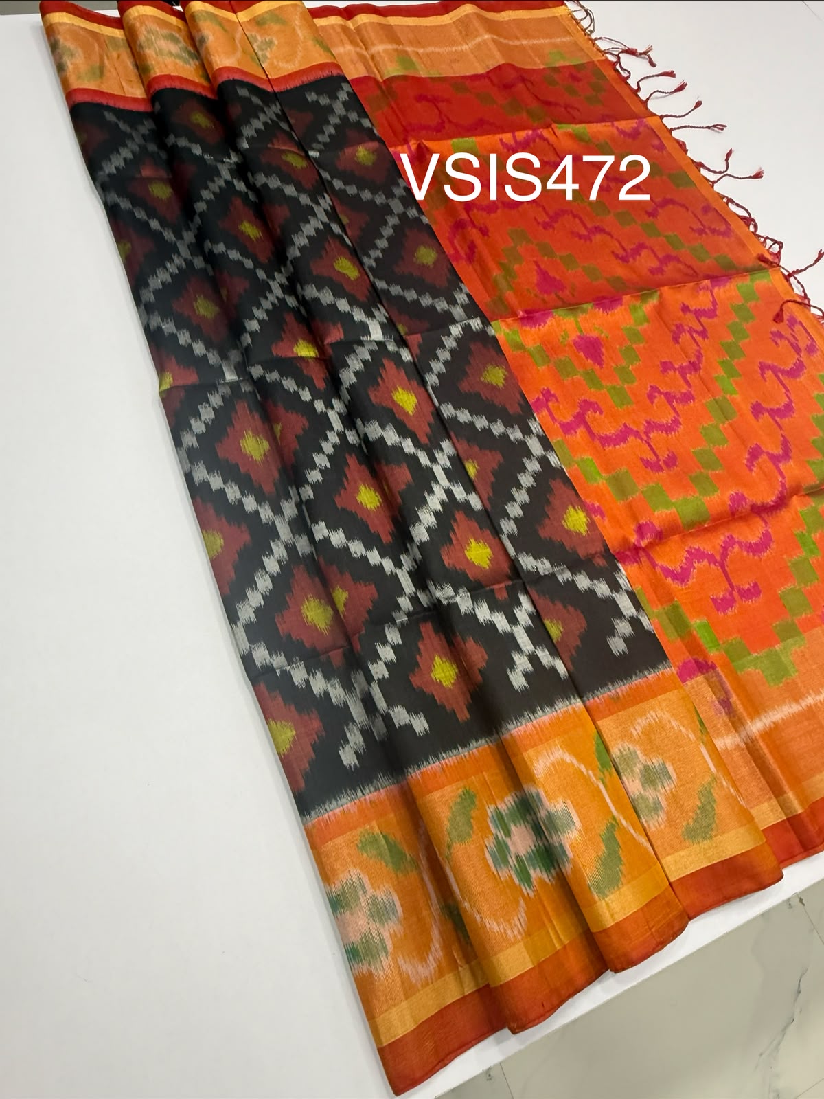VSIS472 - black color body , orange color pallu , blouse - Pure silk saree