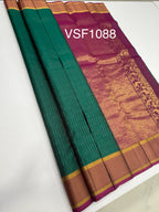 VSF1088 - peacock green color body , purple color pallu,blouse - Pure silk saree