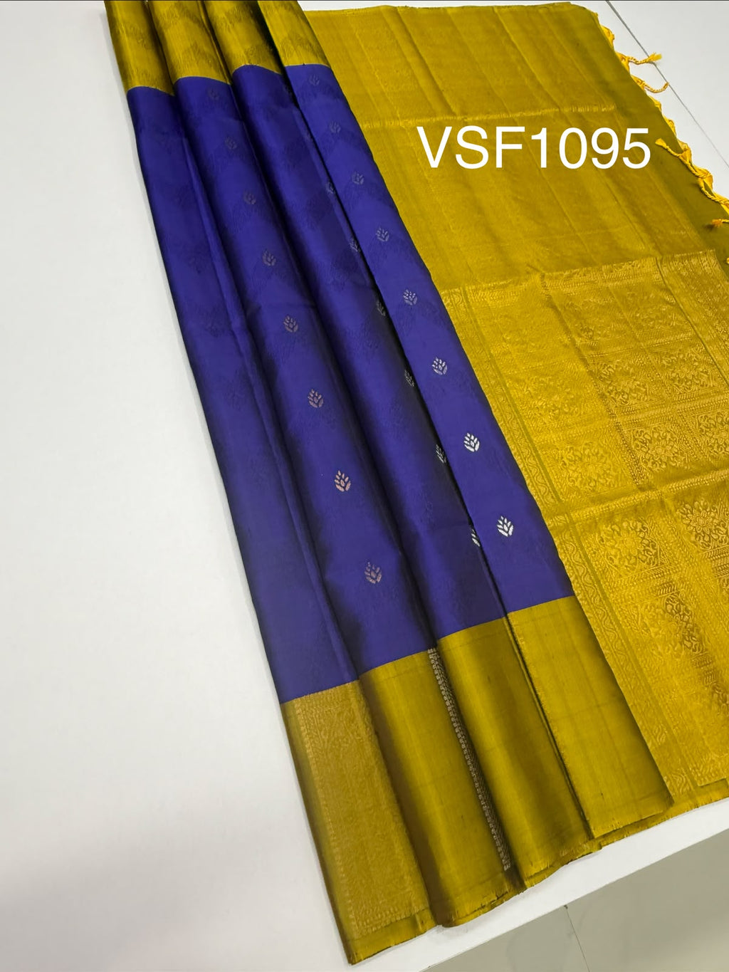VSF1095 - ink blue color body , yellow with green color pallu,blouse - Pure silk saree