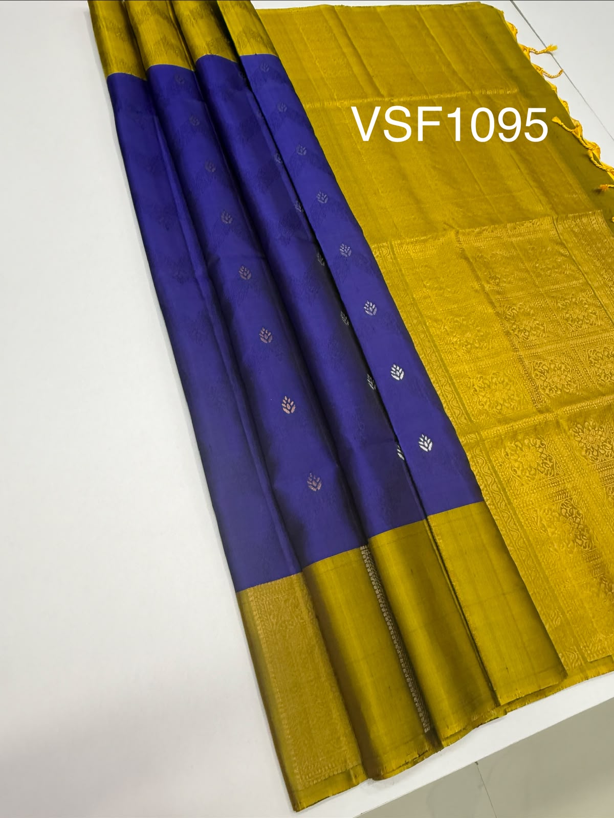VSF1095 - ink blue color body , yellow with green color pallu,blouse - Pure silk saree