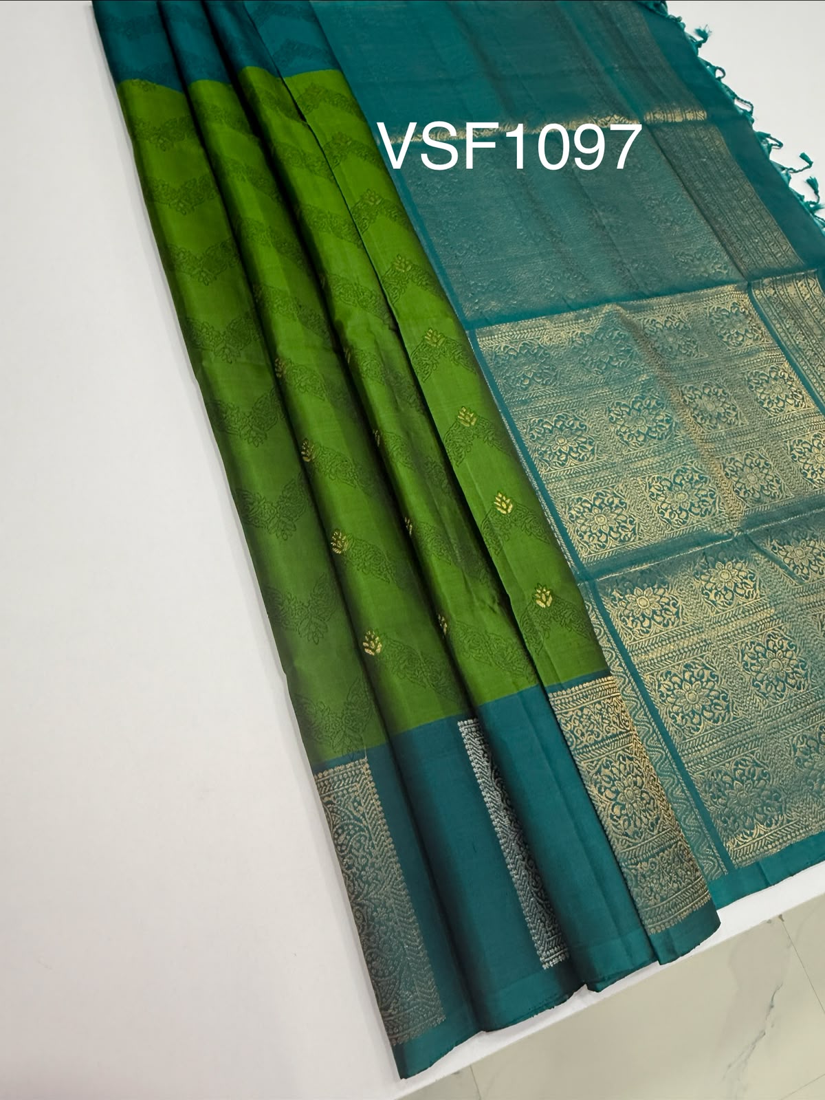 VSF1097 - olive green color body , peacock blue color pallu,blouse - Pure silk saree