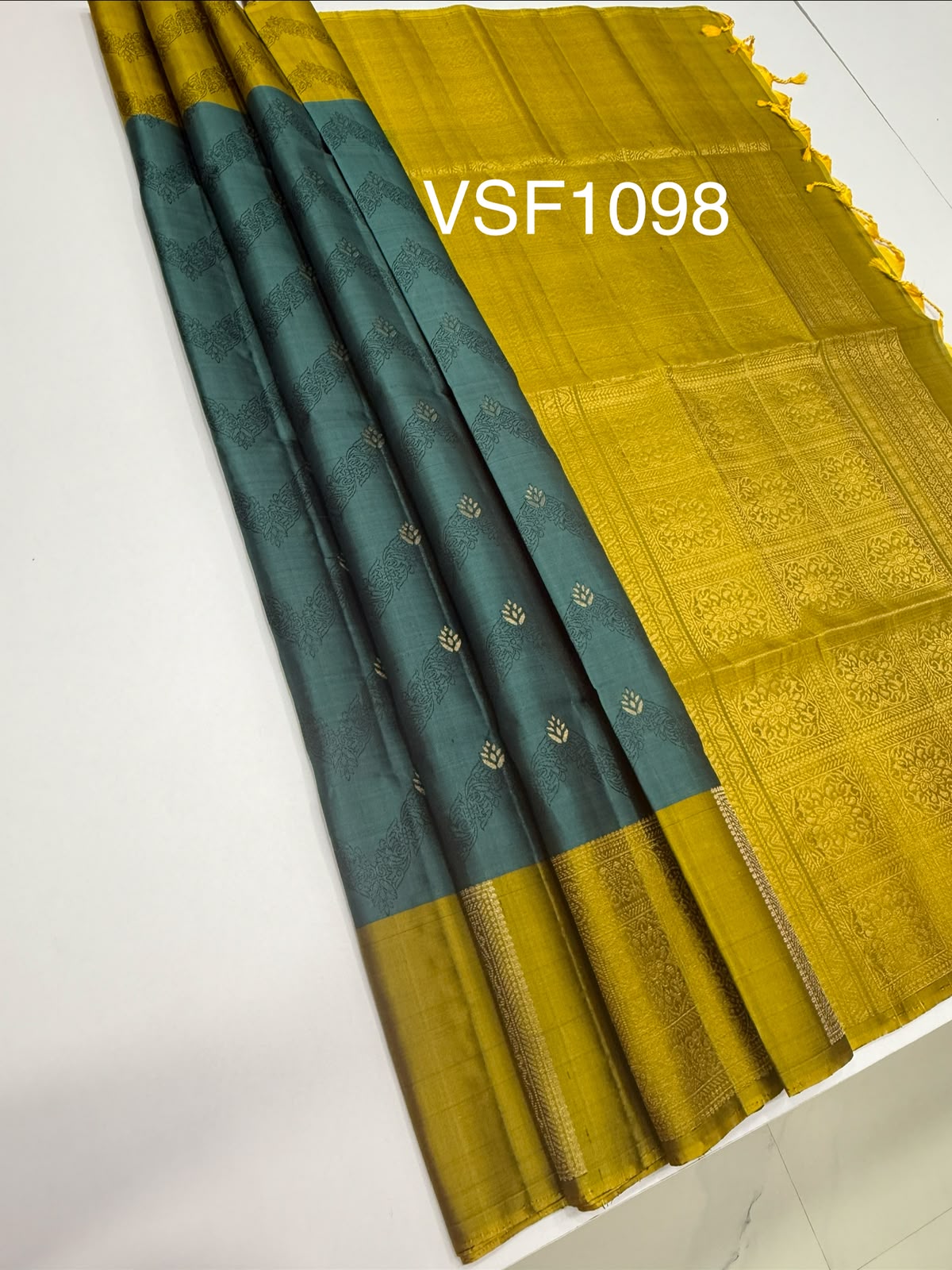 VSF1098 - pastel blue color body , yellow with green color pallu,blouse - Pure silk saree