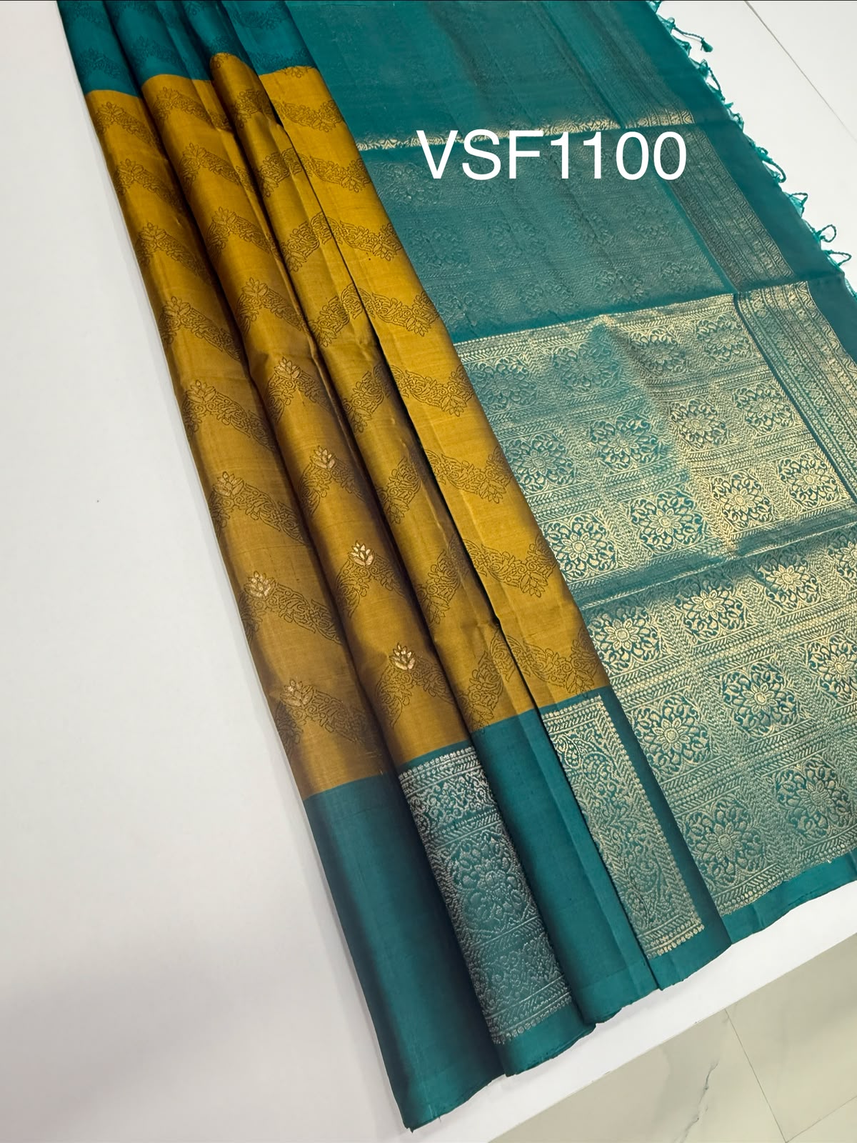 VSF1100 - mustard color body , peacock blue color pallu,blouse - Pure silk saree
