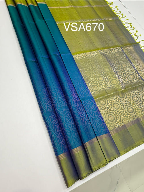 VSA670 - dual blue color body , green color pallu , blouse pure silk saree