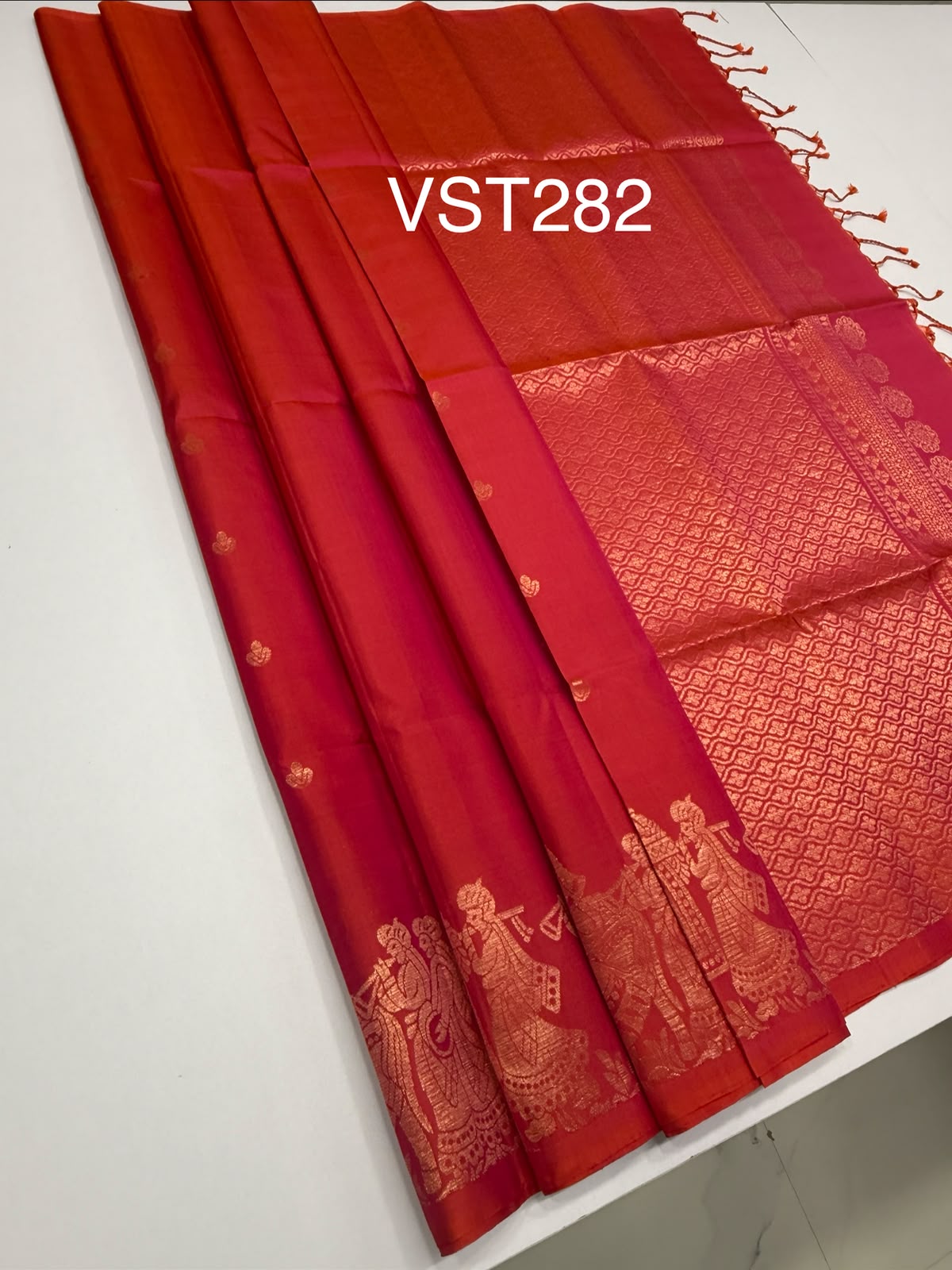 VST282 - pinkish orange color body, color pallu , blouse - Pure silk saree