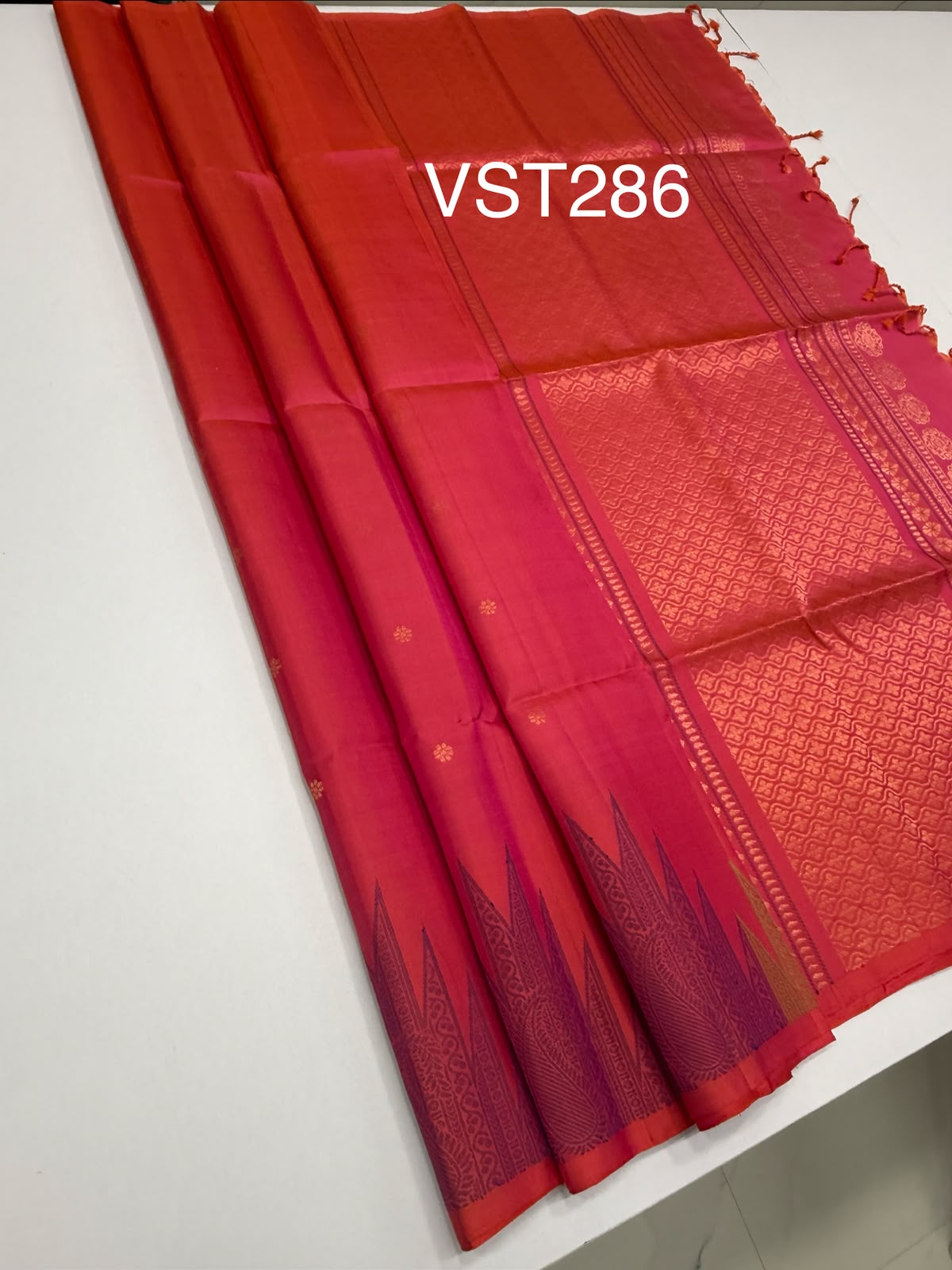 VST286 - pinkish orange green color body , color pallu , blouse - Pure silk saree