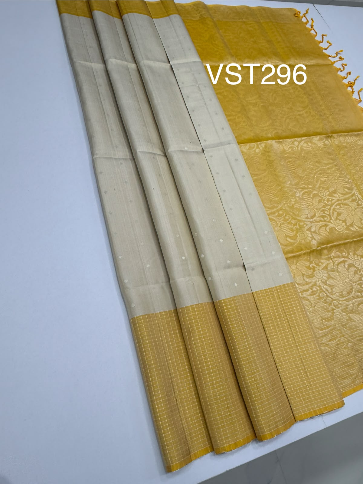 VST296 - beige color body , yellow color pallu , blouse - Pure silk saree
