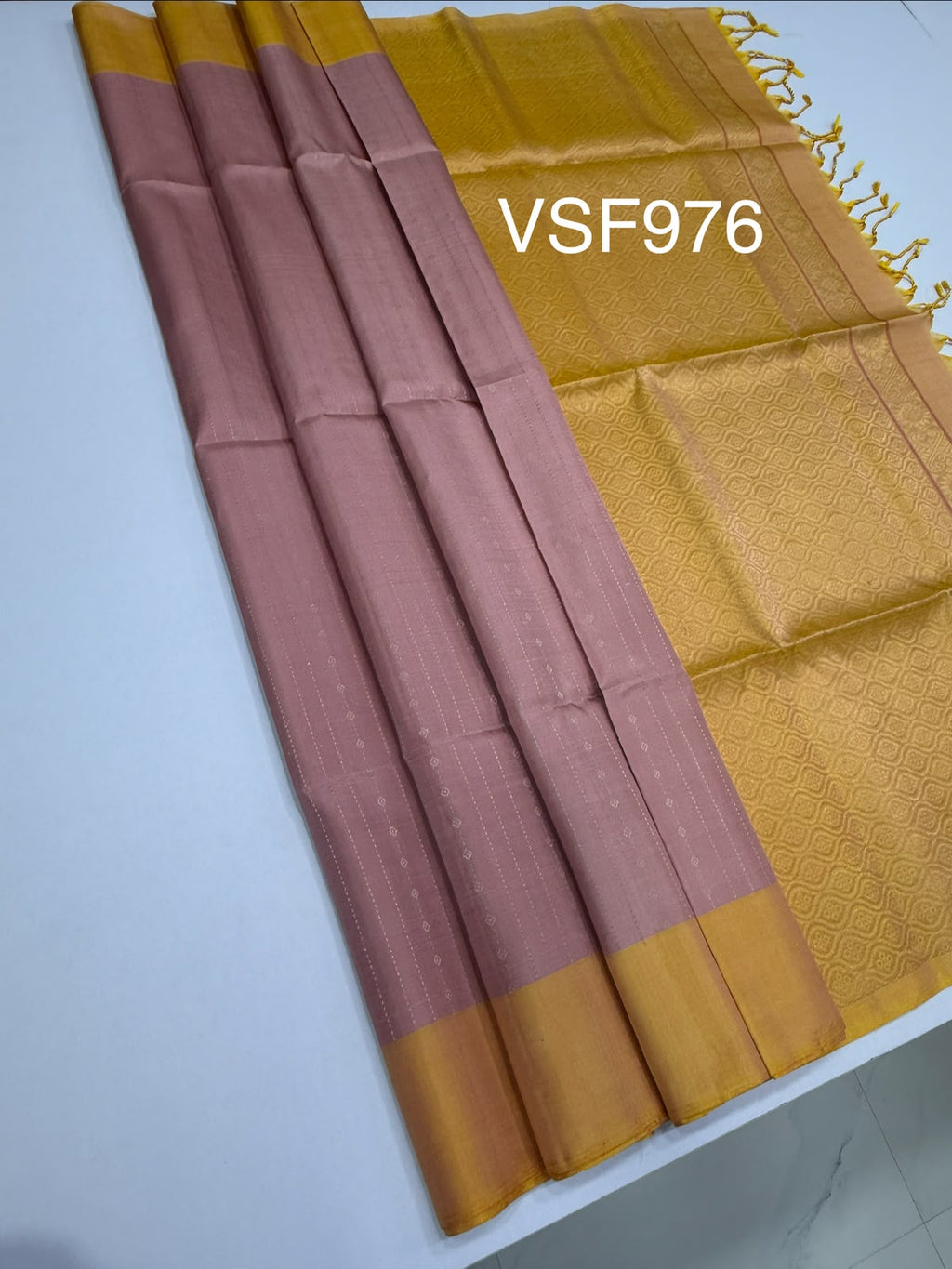 VSF976 - light peach color body , yellow color pallu,blouse - Pure silk saree