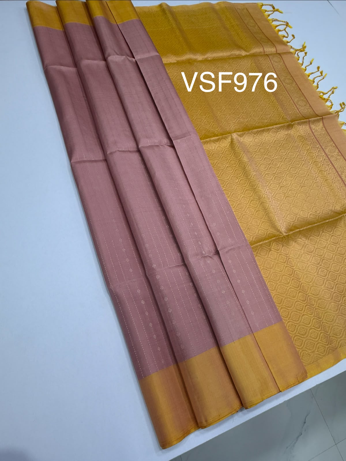 VSF976 - light peach color body , yellow color pallu,blouse - Pure silk saree