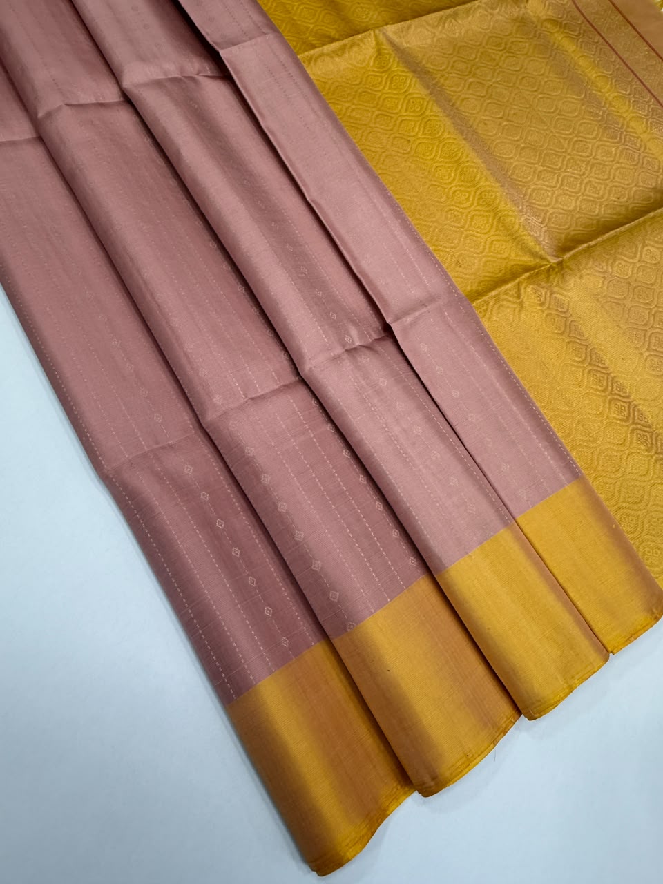VSF976 - light peach color body , yellow color pallu,blouse - Pure silk saree
