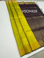 VSOH429 - green with yellow color body &amp; dark purple color pallu , blouse - Pure silk saree