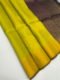 VSOH429 - green with yellow color body &amp; dark purple color pallu , blouse - Pure silk saree