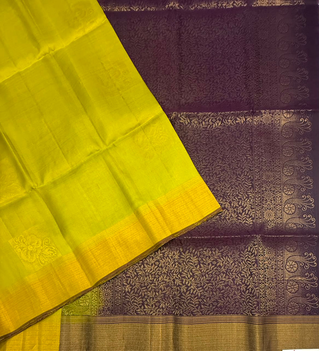 VSOH429 - green with yellow color body &amp; dark purple color pallu , blouse - Pure silk saree