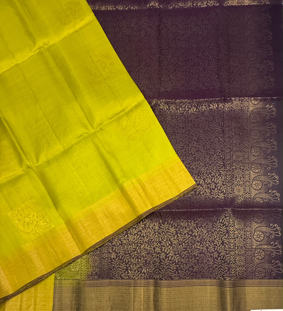 VSOH429 - green with yellow color body &amp; dark purple color pallu , blouse - Pure silk saree