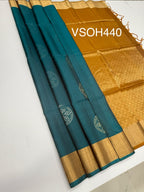 VSOH440 - peacock blue color body &amp; mustard color pallu , blouse - Pure silk saree