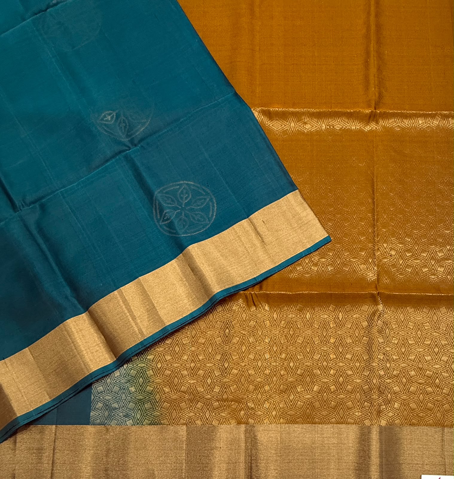 VSOH440 - peacock blue color body &amp; mustard color pallu , blouse - Pure silk saree